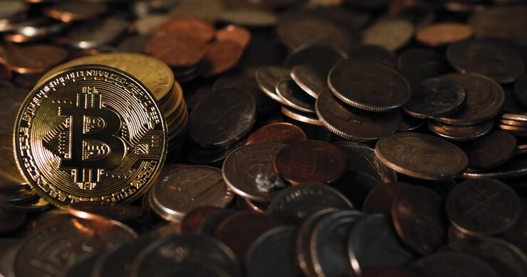 Concetto di criptovaluta Bitcoin, luci della polizia rosse e blu che lampeggiano sulle monete, cursore blockchain da destra a sinistra