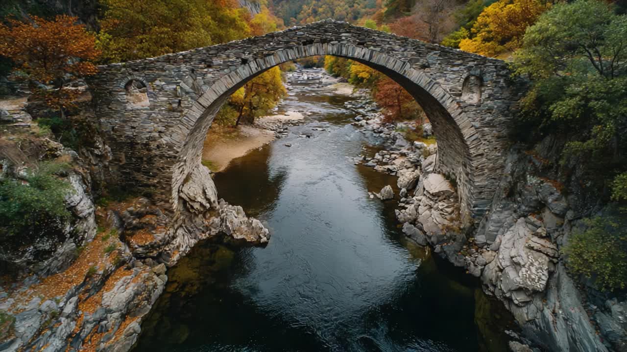 Captivating Autumn Landscape with an Ancient Stone Bridge over a Serene River, Surrounded by Vibrant Foliage and Tranquil Waters in Nature's Embrace