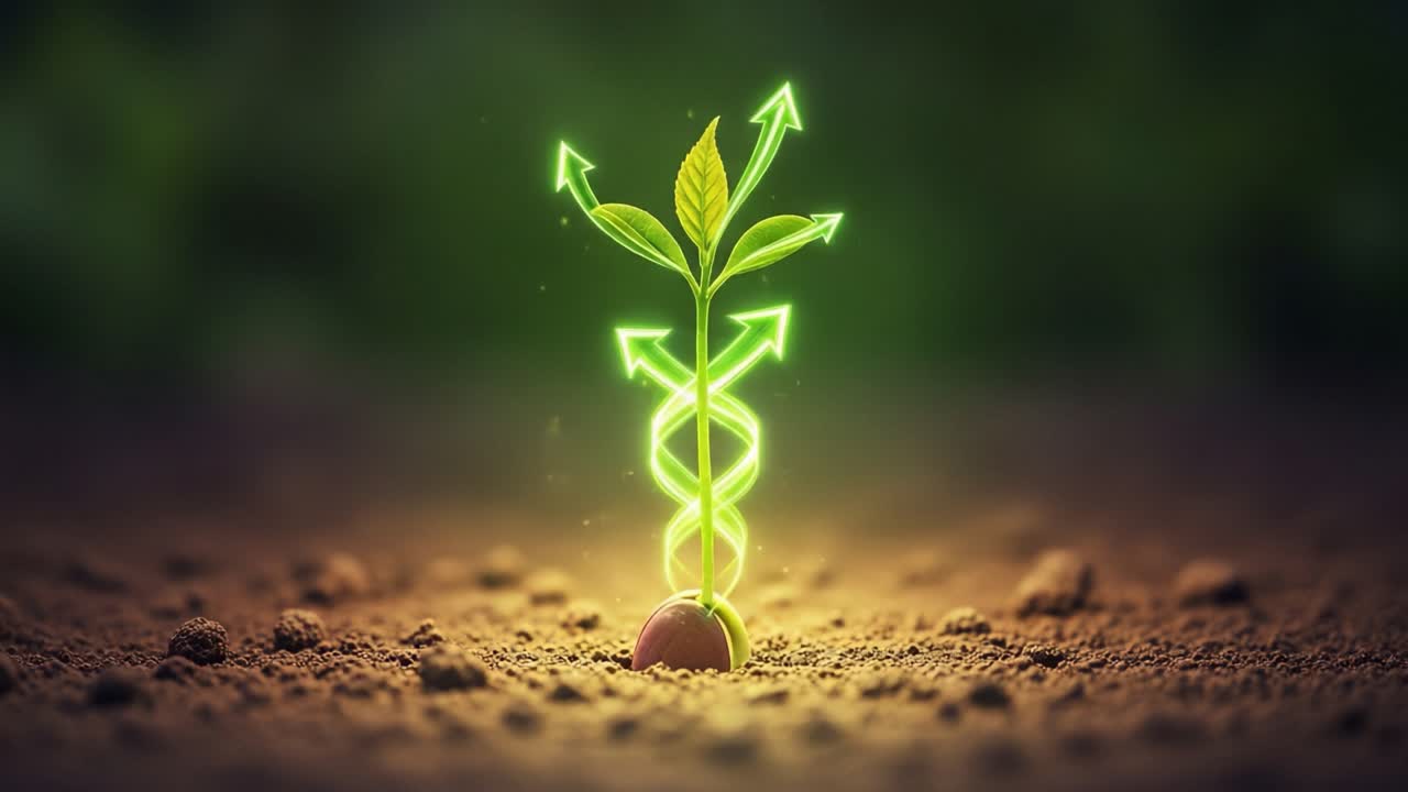 A Green Seedling Emerging from the Soil, Symbolizing Growth, Renewal, and the Potential for Life, Illuminated with Radiant Arrows Indicating Directional Progress