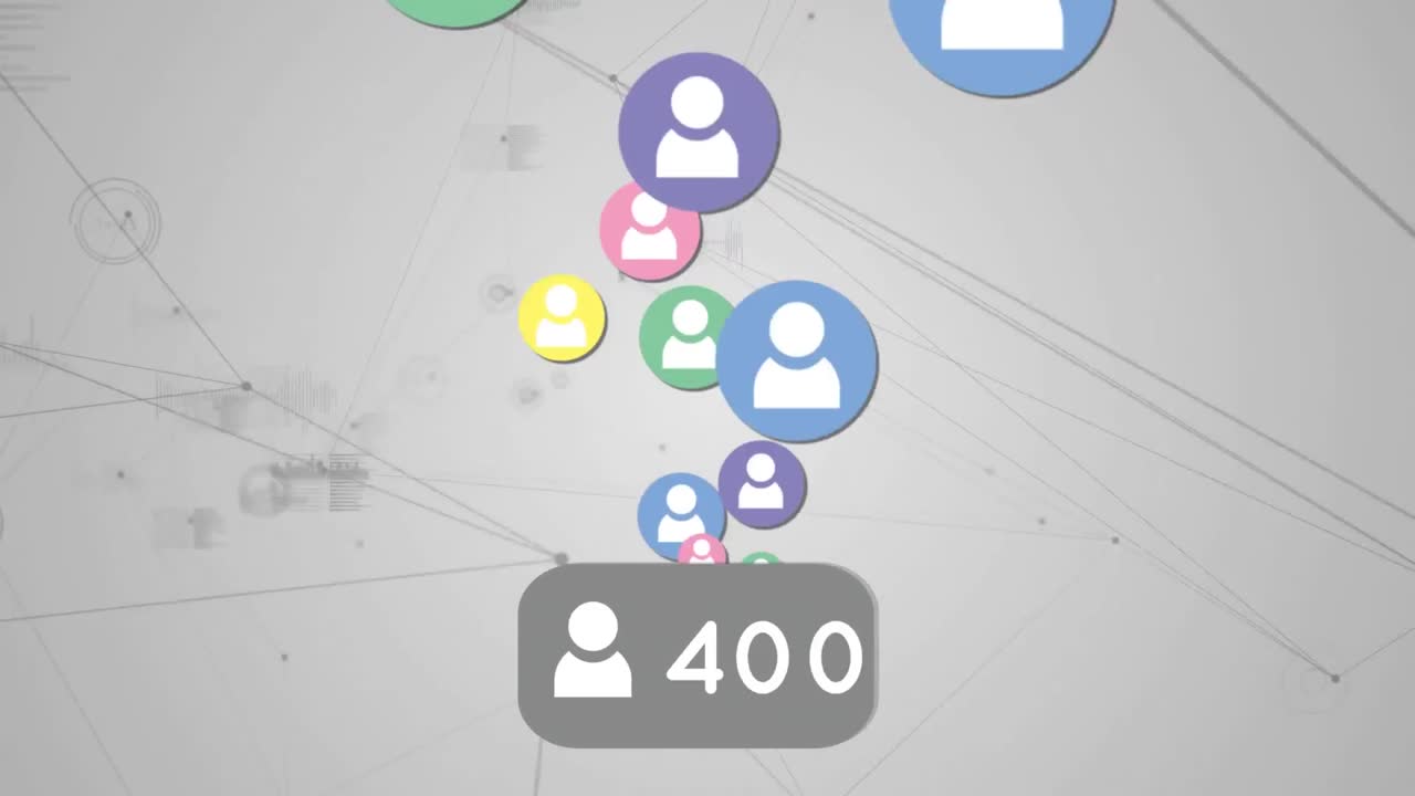 animación de iconos de redes sociales a través de una red de conexiones con estadísticas