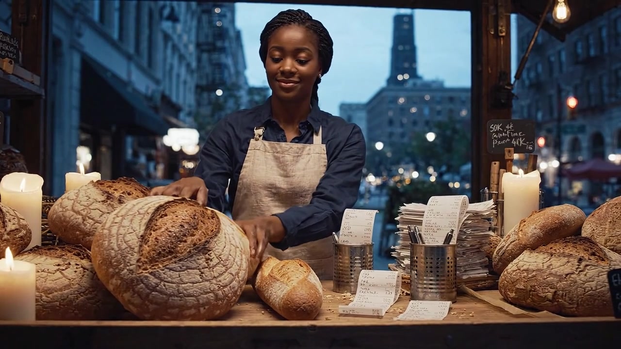 Fornaio Artigianale di Notte: Una Calda Scena di Panetteria di Strada con Pane Appena Sfornato, Candele e lo Skyline della Città sullo Sfondo, Catturando l'Essenza della Comunità e del Gusto.