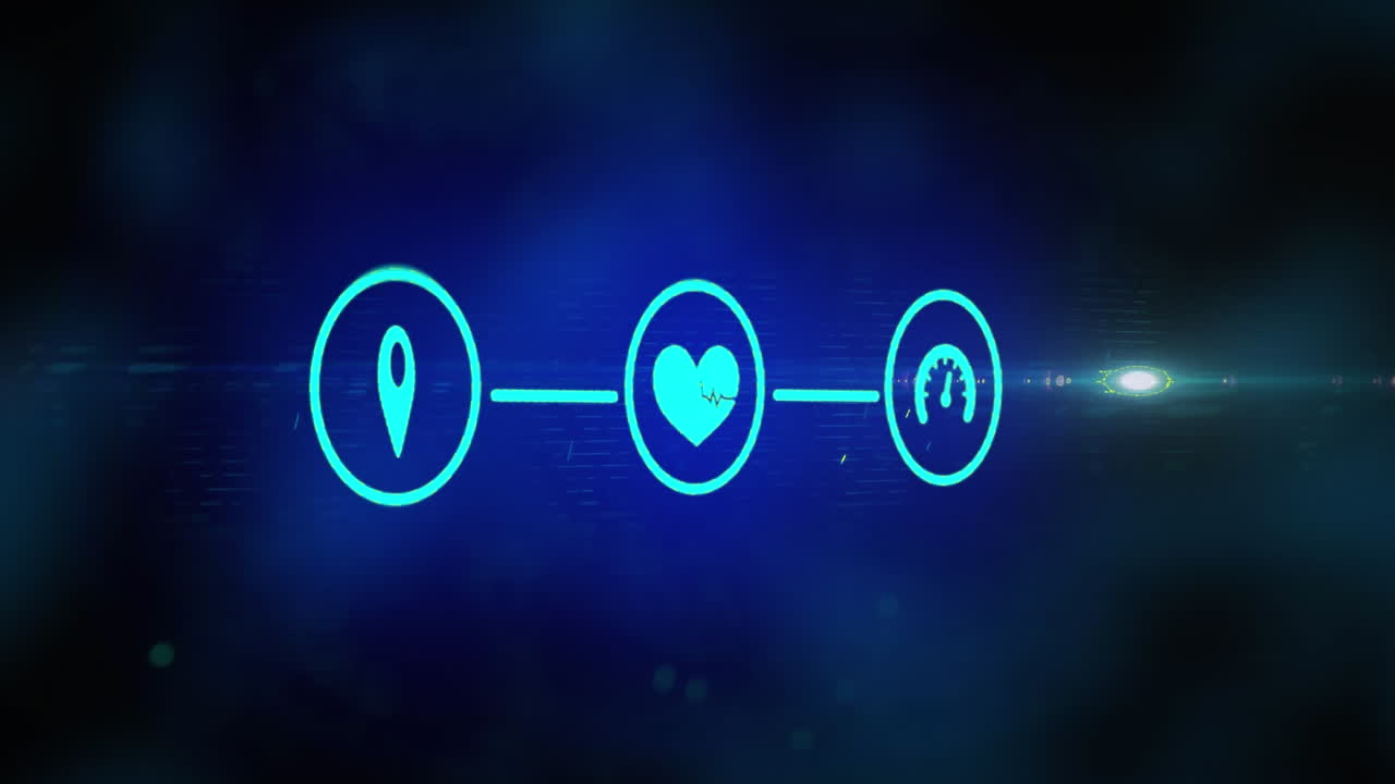 4개의 텍스트, 디지털 아이콘 및 검은색 배경에 대한 연결 네트워크의 아이콘 연결  ⁇