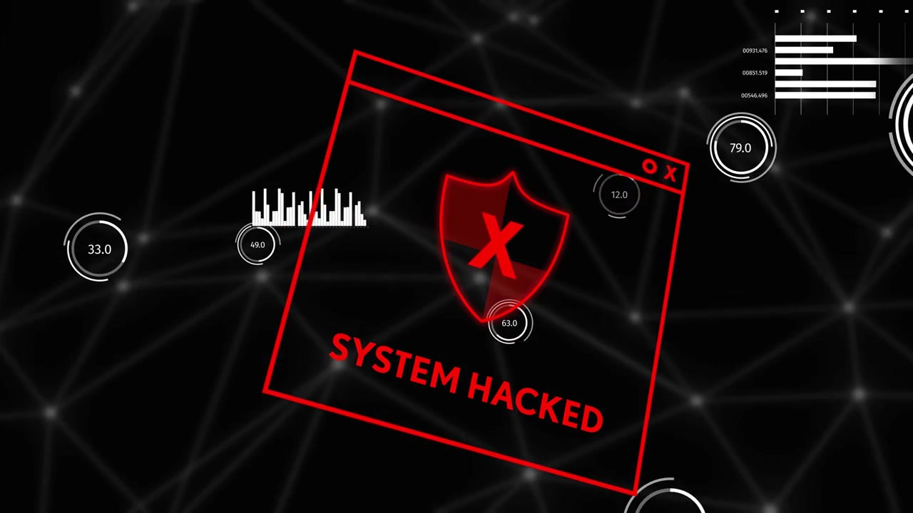 Glitching red UI window with shield X rotating showing SYSTEM HACKED meters pulsing signaling alarm