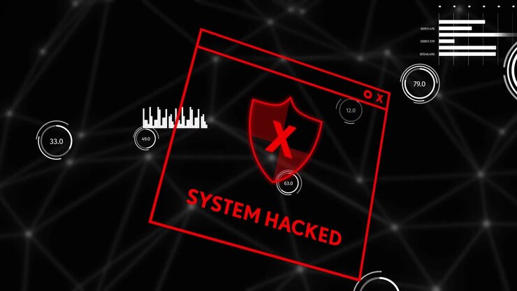 Glitchende rødt UI-vindue med roterende skjold X, der viser SYSTEM HACKED, mens målere pulserer og signalerer alarm