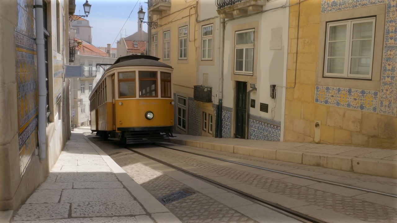 Tram giallo su strada acciottolata che scende una stretta via storica oltre facciate piastrellate, binari che riflettono luci calde.
