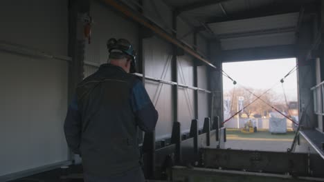 supervisor overseeing the loading process and securing cargo in large container, back view