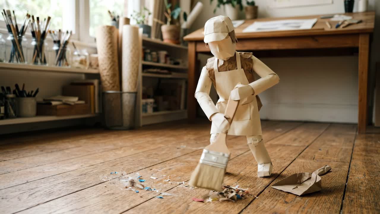 Paper Craft Figure Sweeping Colorful Scraps in an Artist's Studio
