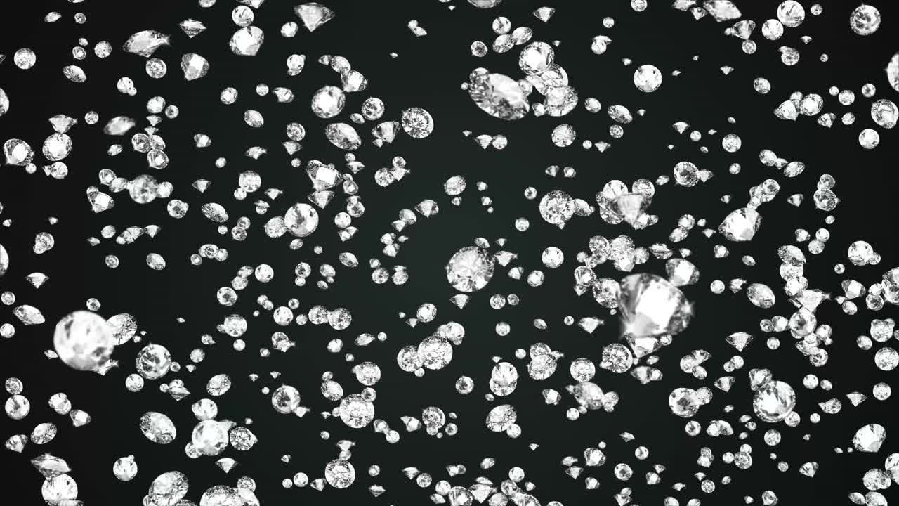 Realistic brilliant diamonds raining down motion soft focus light loop background green screen