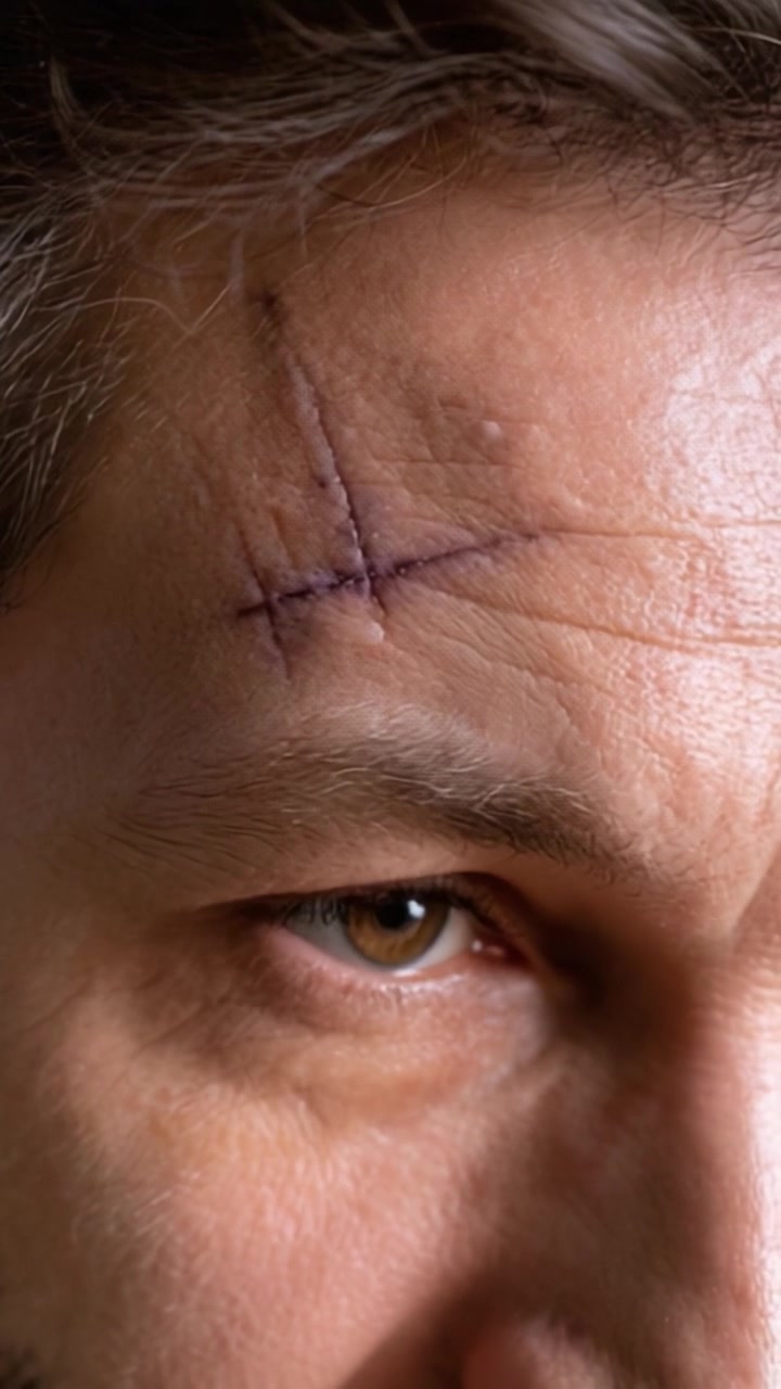 Detailní průzkum výrazné jizvy na čele muže, zachycující zajímavou texturu a proces hojení kůže do detailu.
