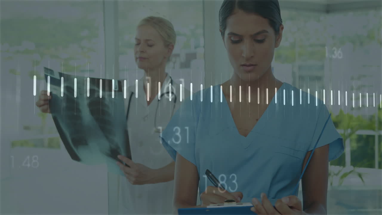 nurse writing on clipboard while doctor examining X-ray in clinical room, with floating data bars