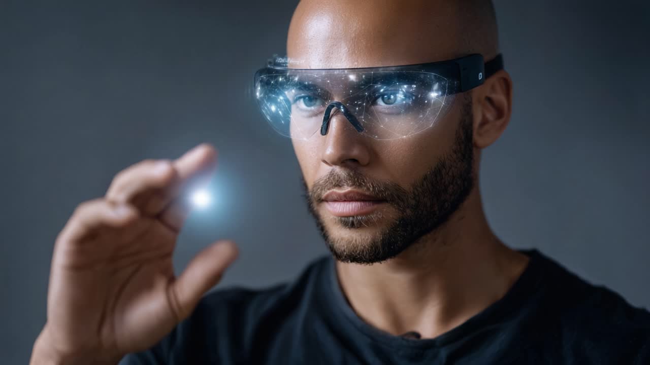 Futuristic Visualization: A Man in High-Tech Glasses Manipulates Energy with Precision, Showcasing Innovation and Cutting-Edge Technology in a Dark Setting