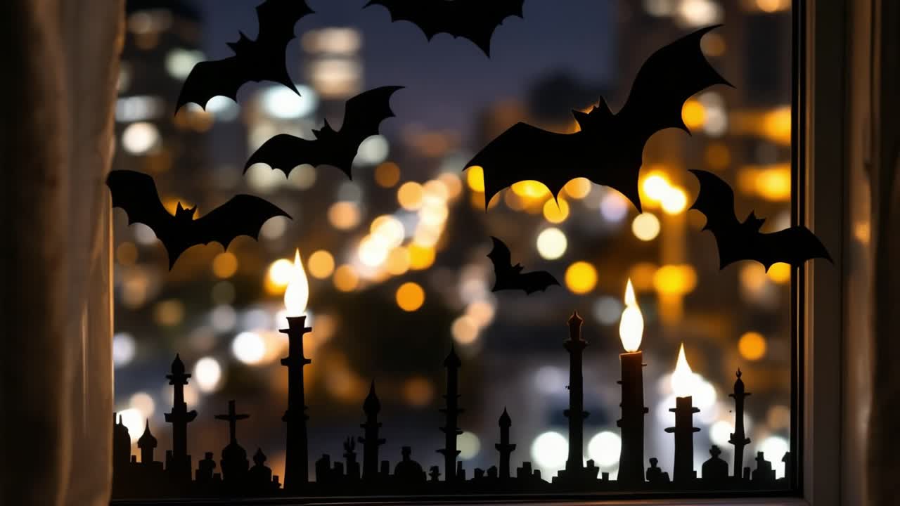 Halloween Window Decoration with Bats and City Skyline at Night