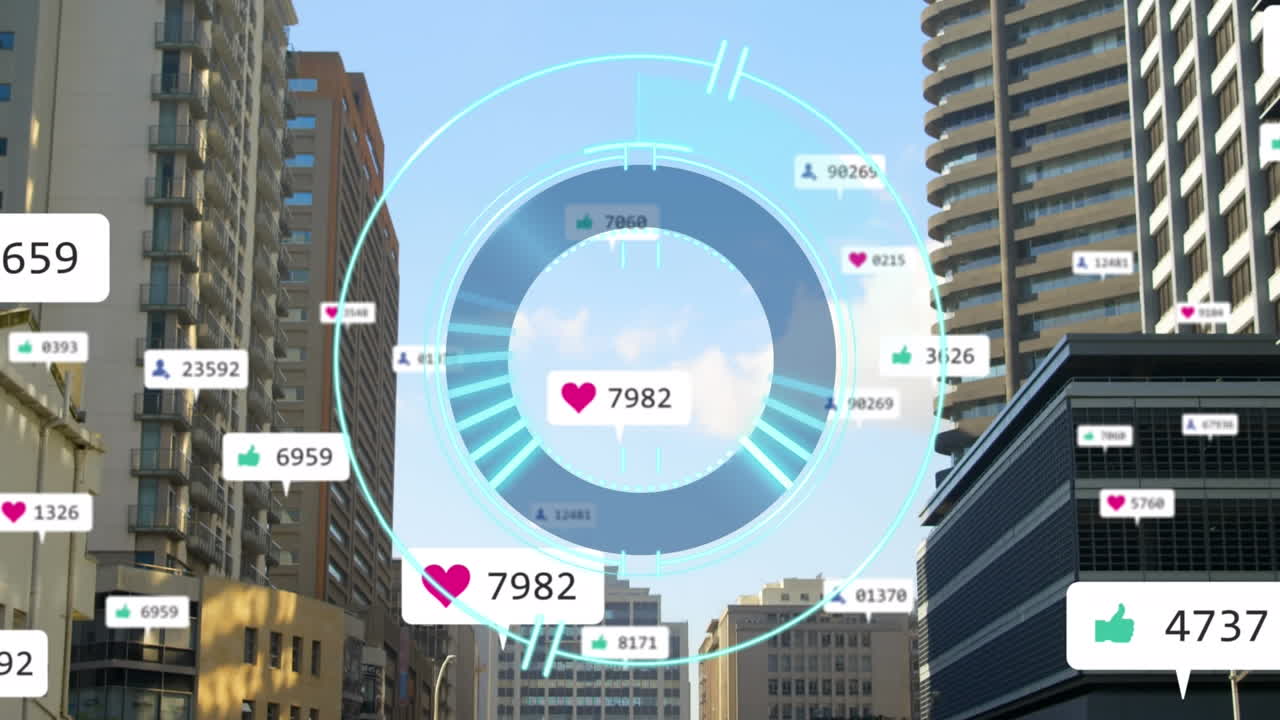 소셜 미디어 아이콘과 도시 풍경에 대한 범위 스캐닝의 애니메이션