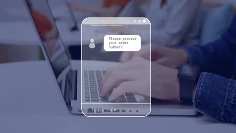 animación de la interfaz digital con mensajes a través de un hombre de negocios que utiliza una computadora portátil