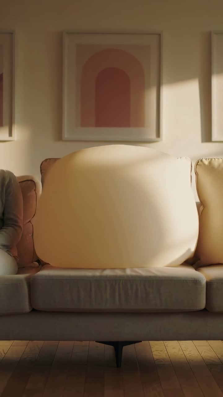 Vertikal video: Viser beige sofapude, der buler ud derhjemme, fyldet forskubber sig, kvinde i bukser.