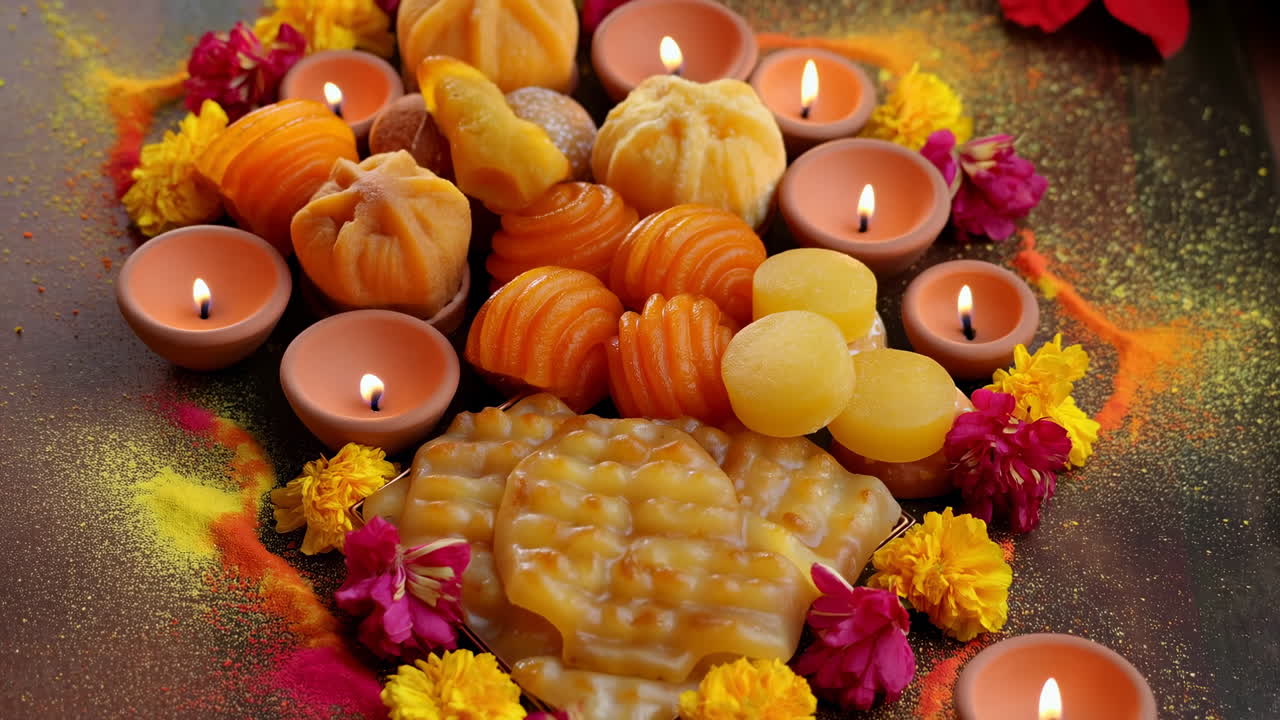 Dolci indiani colorati e Diyas accesi per la celebrazione del Diwali