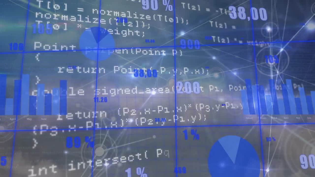 Animation of statistical data processing and network of connections against clouds in the blue sky