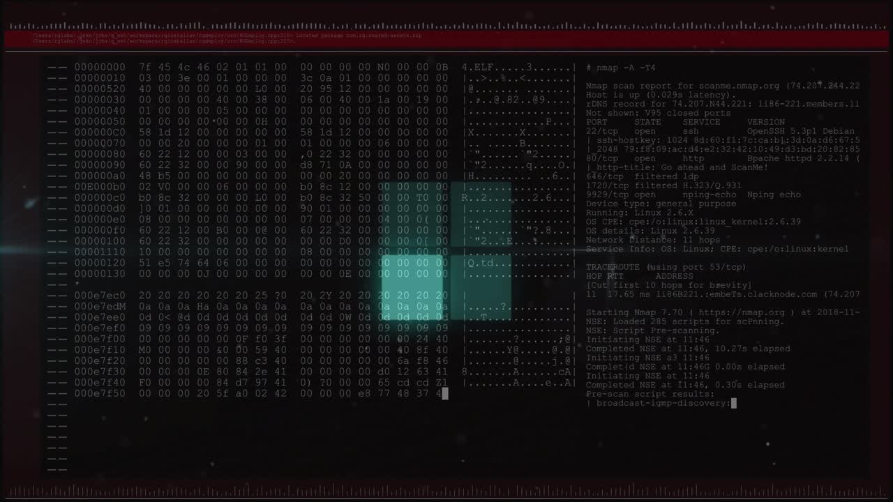 Troisième image débutant avec des colonnes hexagonales, un bloc sarcelle de 2x2 s'éclaircissant, et des journaux de terminal défilant pour un examen technique.