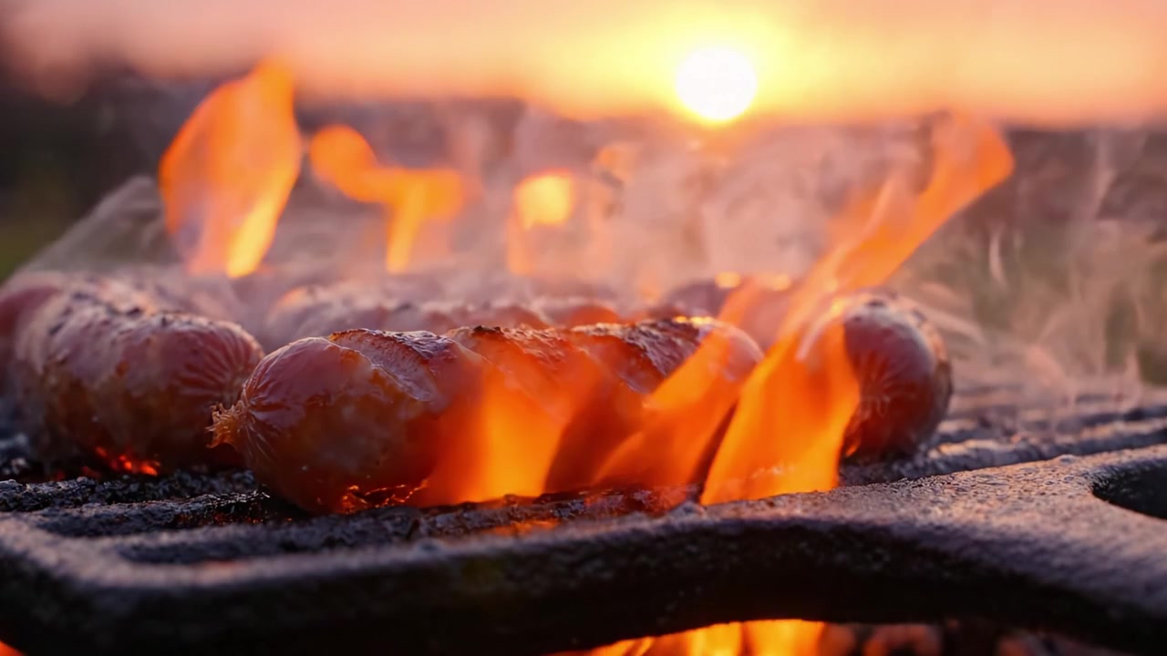 Syende pølser tilberedt over flammer ved solnedgang, der indfanger essensen af grill og udendørs madlavning med en smuk naturskøn kulisse.
