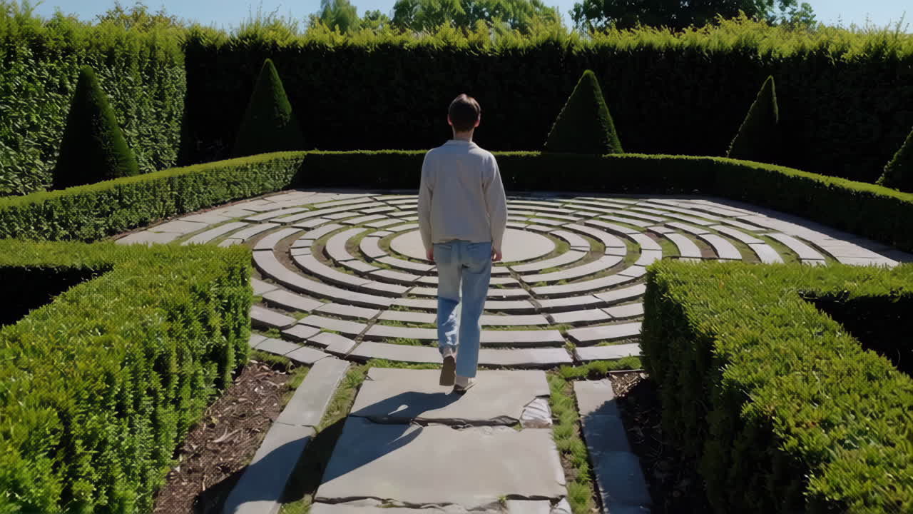 A person walking through a circular maze in a garden