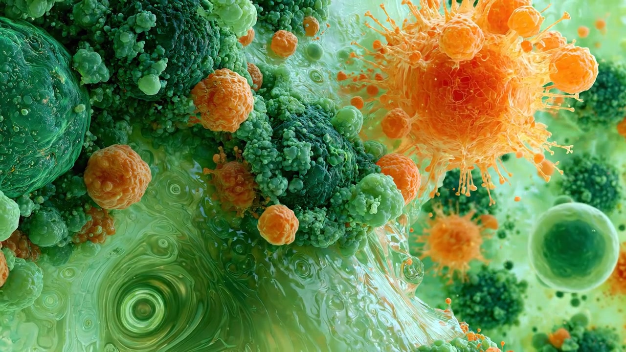 Visione Microscopica di Cellule Tumorali che si Dividono e si Diffondono