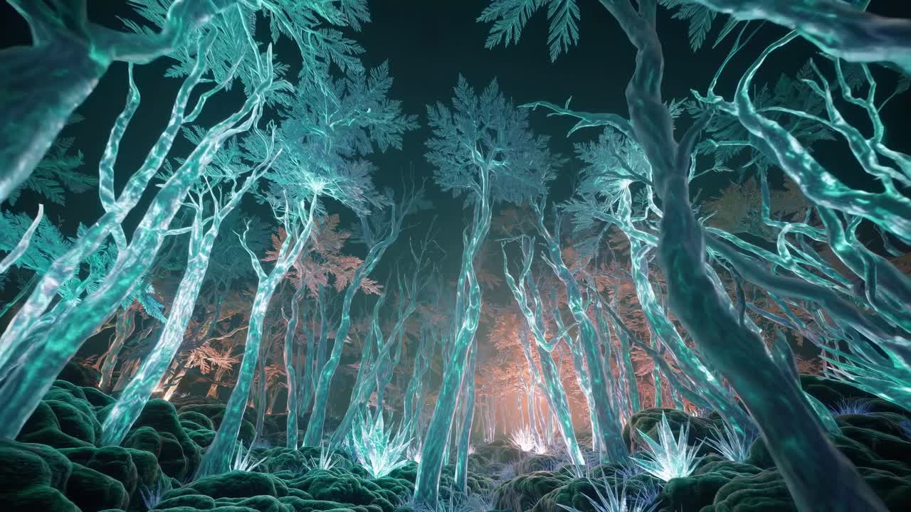 Dreamlike crystal forest with glowing trees