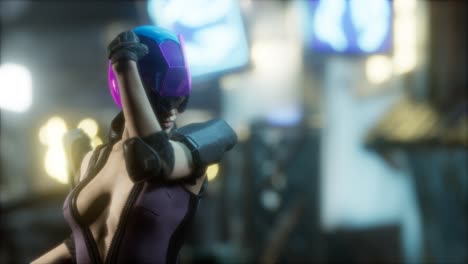 futuro concepto de mujer cyberpunk con luces de neón de la ciudad