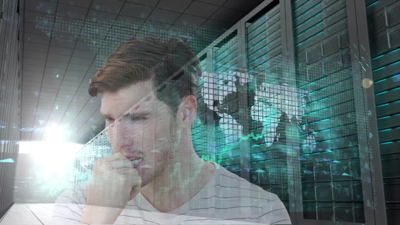 animación del procesamiento de datos sobre un hombre de negocios preocupado y servidores informáticos