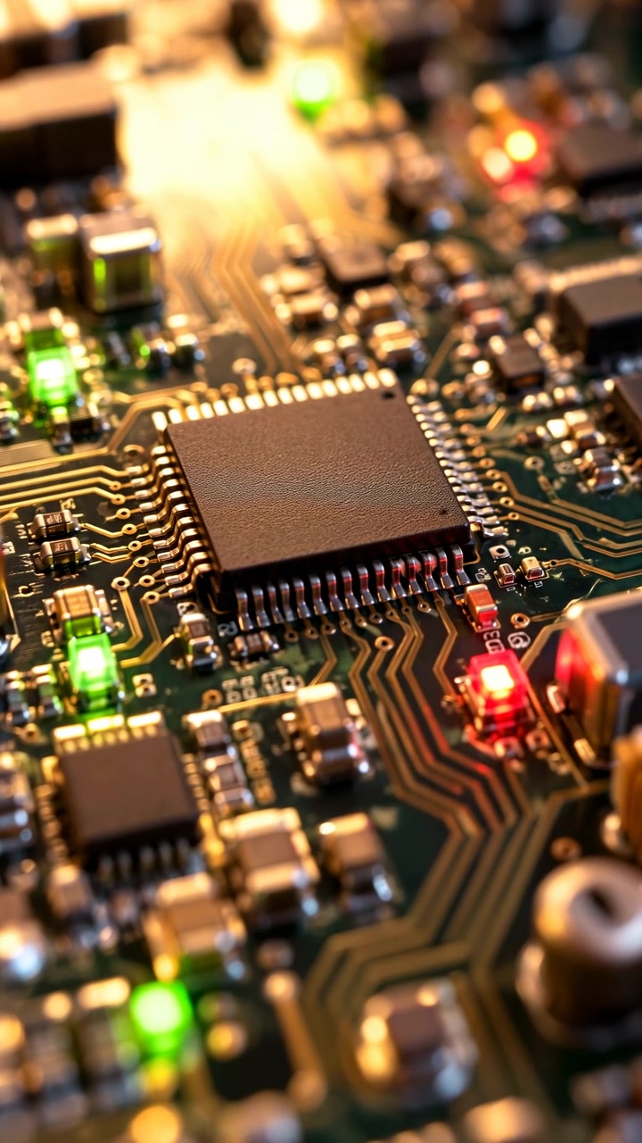 Slow forward movement brings a square integrated circuit and its metal pins closer in frame among printed traces and electronic components, while red and green lights glow under warm illumination.