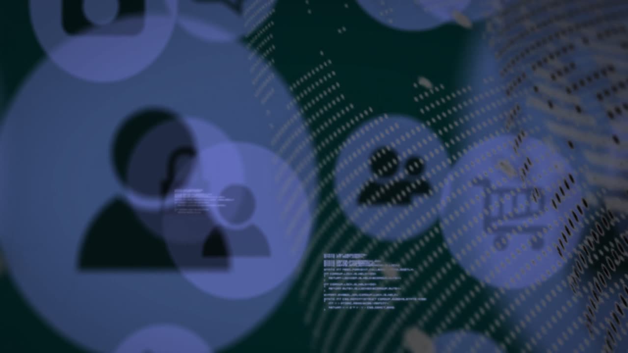 animación de íconos de perfil y carrito con globo y lenguaje informático