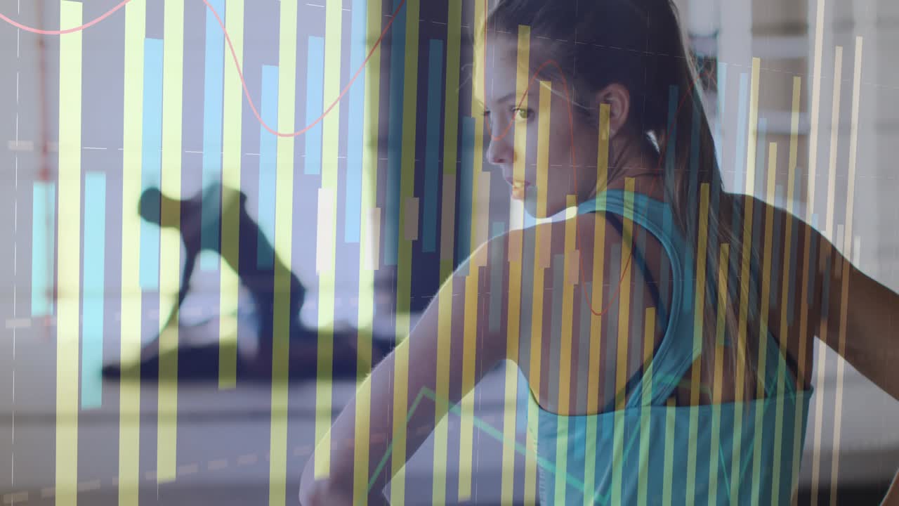 Man initiating barbell rowing in gym, woman monitoring to assess form with data bars fluctuating