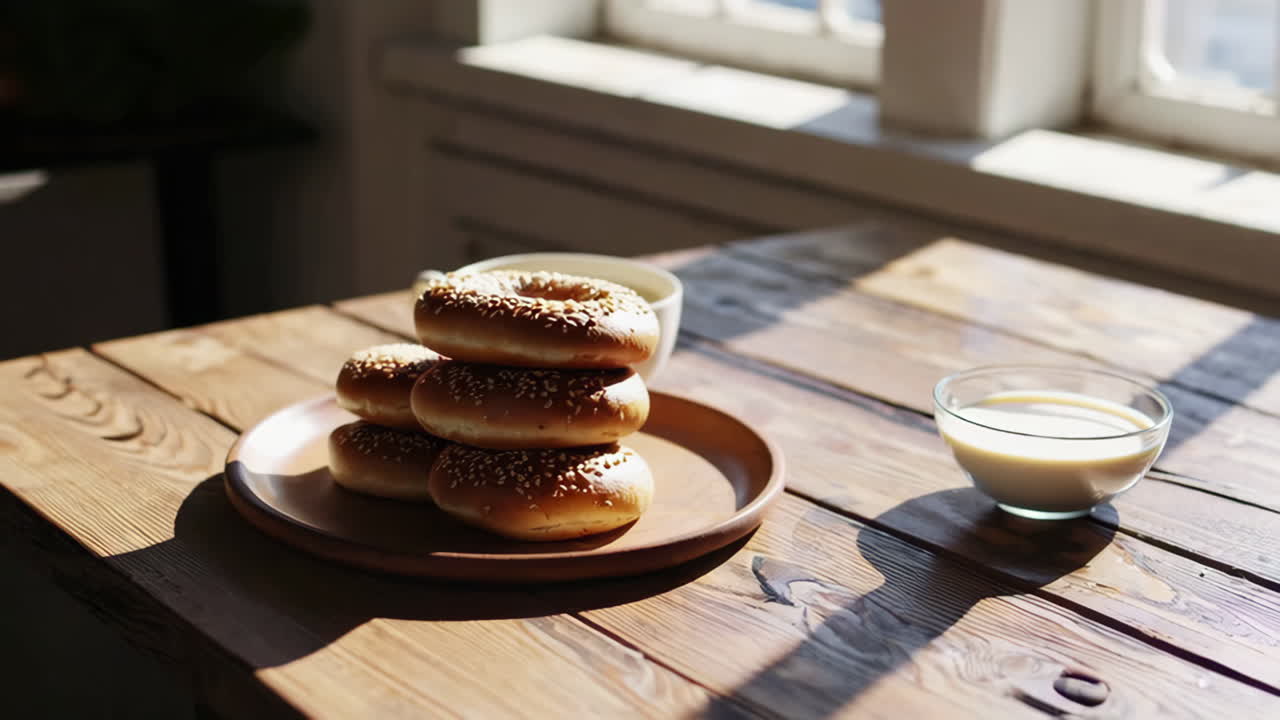 Bagels and Coffee on a Wooden Table