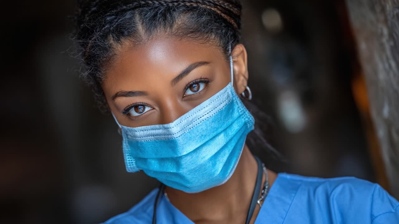 Professionista medico concentrato con mascherina protettiva che mostra determinazione e cura, esemplificando la dedizione all'assistenza sanitaria in un ambiente impegnativo