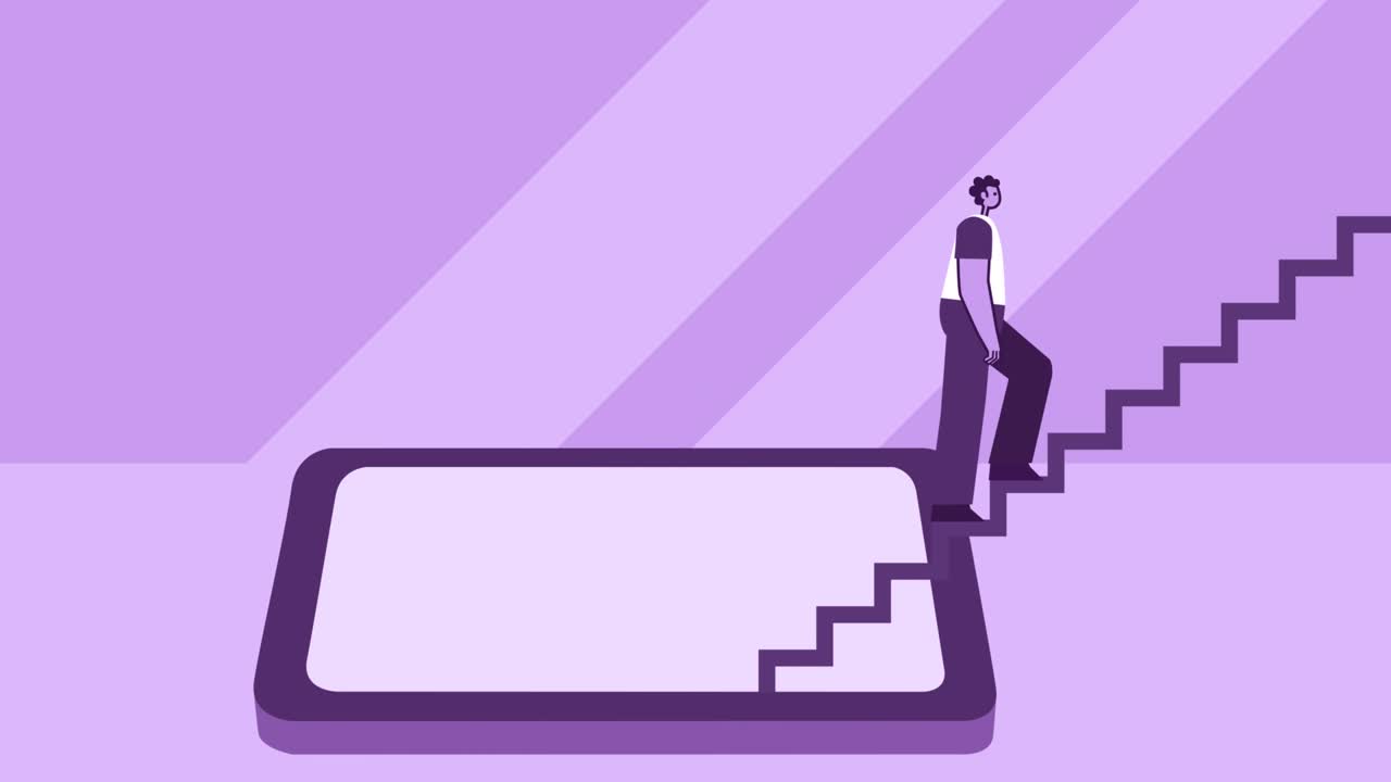 hombre de estilo púrpura personaje plano subiendo escaleras desde el teléfono inteligente. animación de bucle aislado con canal alfa