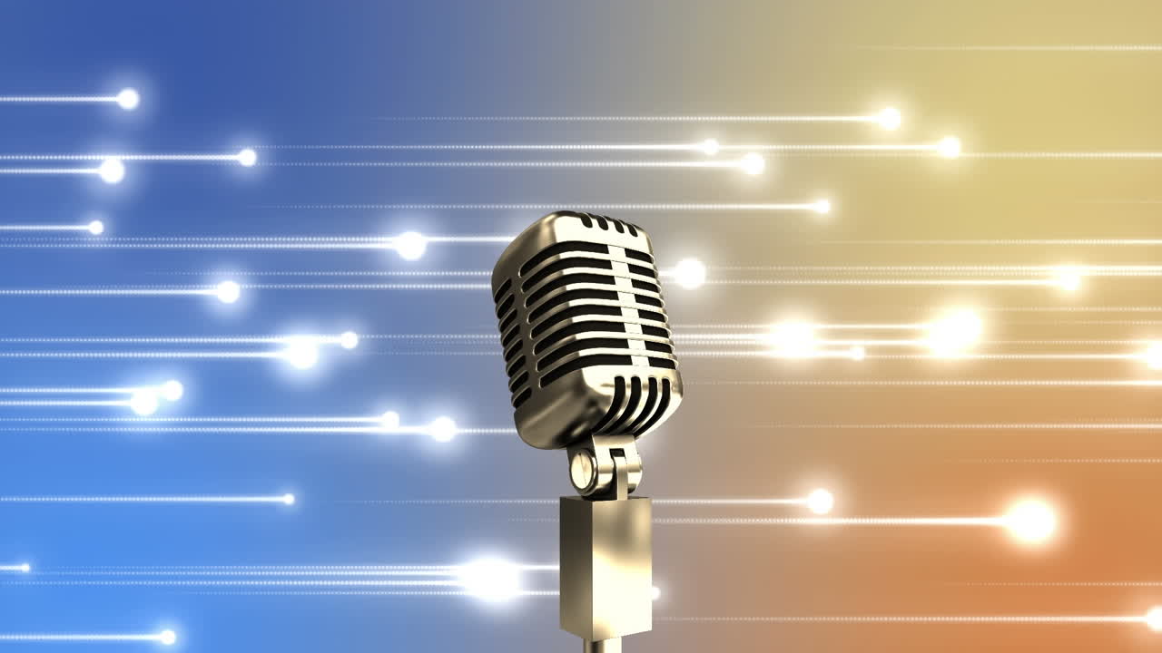 animación del micrófono sobre rastros de luz brillante contra un fondo de gradiente azul y naranja