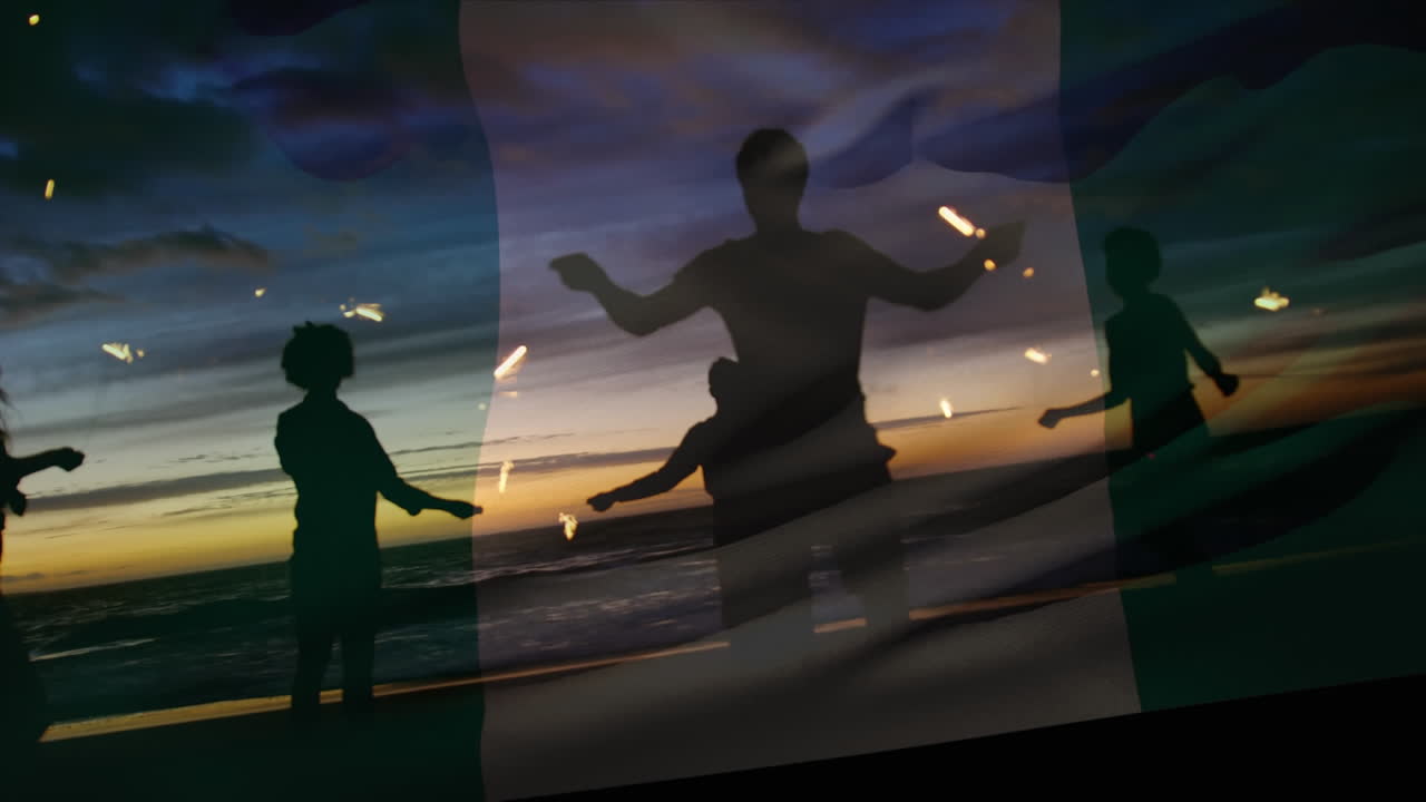 나이지리아 의  ⁇ 발 을 흔들고 있는 친구 들 의 집단 이 해변 에서 즐겁게 놀고 있는 애니메이션