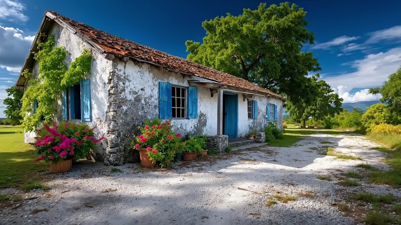 A stone house with blue shutters and flowers in pots on the side of it