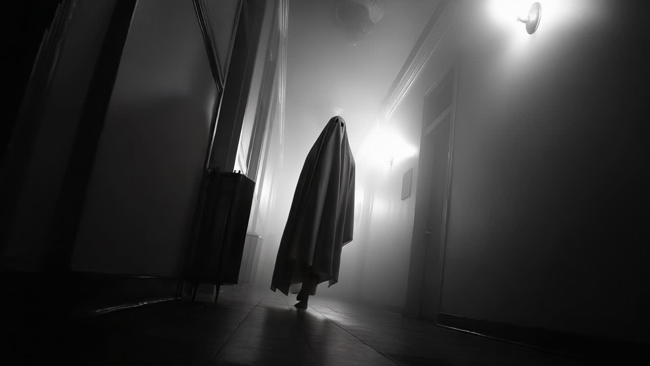An eerie figure draped in a flowing cloth emerges from the shadows, creating a spine-chilling atmosphere in a dimly lit corridor filled with fog