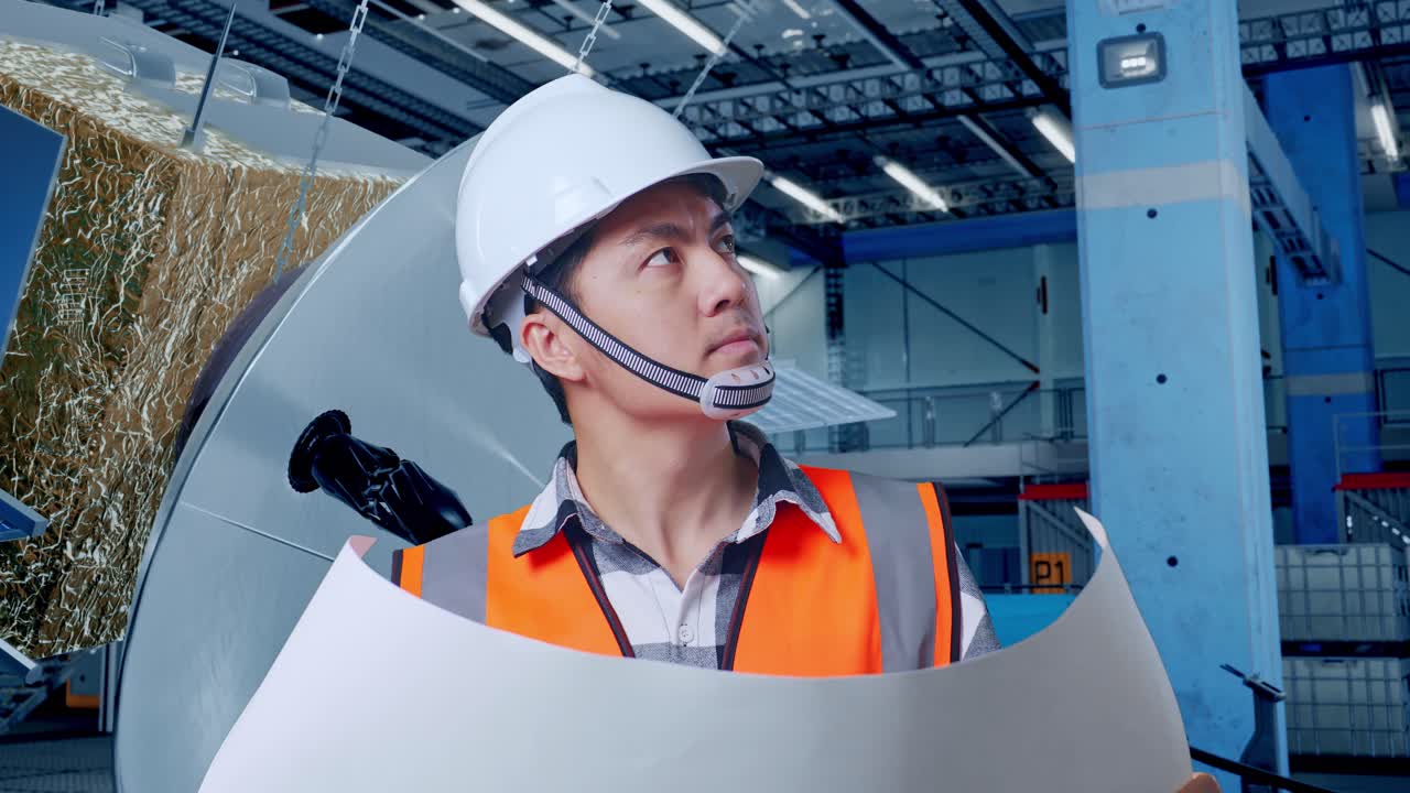 제조 시설에서 계획을 검토하는 엔지니어