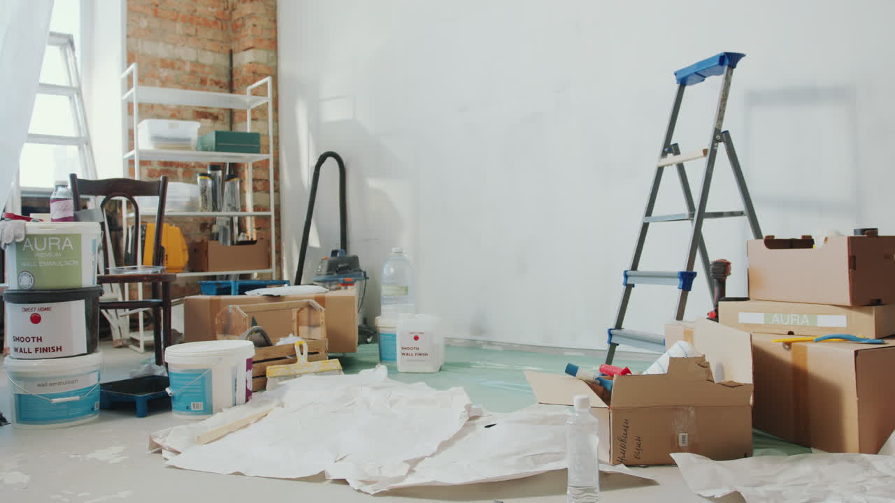 Interior of Living Room with Home Renovation Materials and Tools