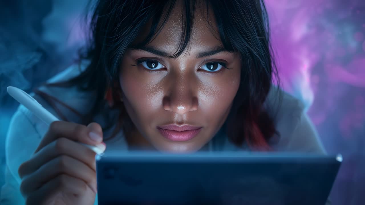 After focusing woman tracing lines for art on LED tablet with white stylus in blue-purple studio