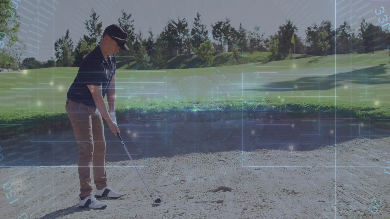 Male golfer gripping club in bunker showing HUD graphs over fairway for golf technology