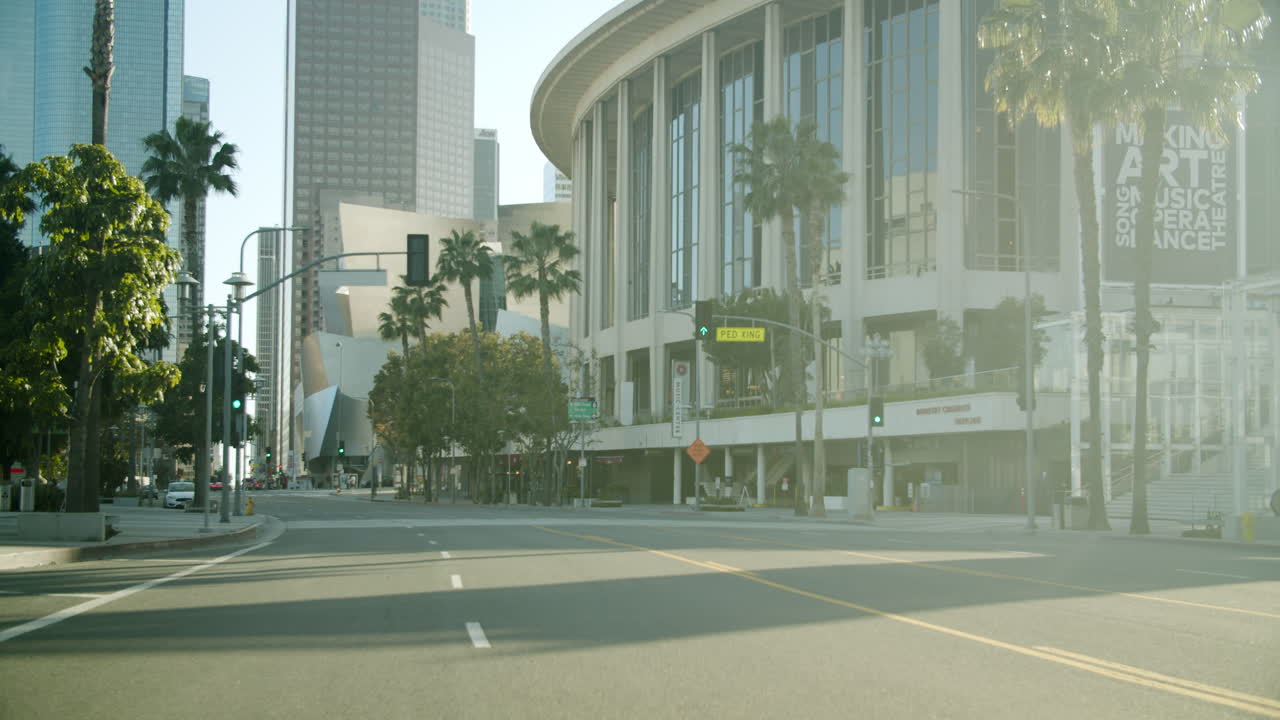 Empty city street with modern architecture and palm trees in downtown Los Angeles
