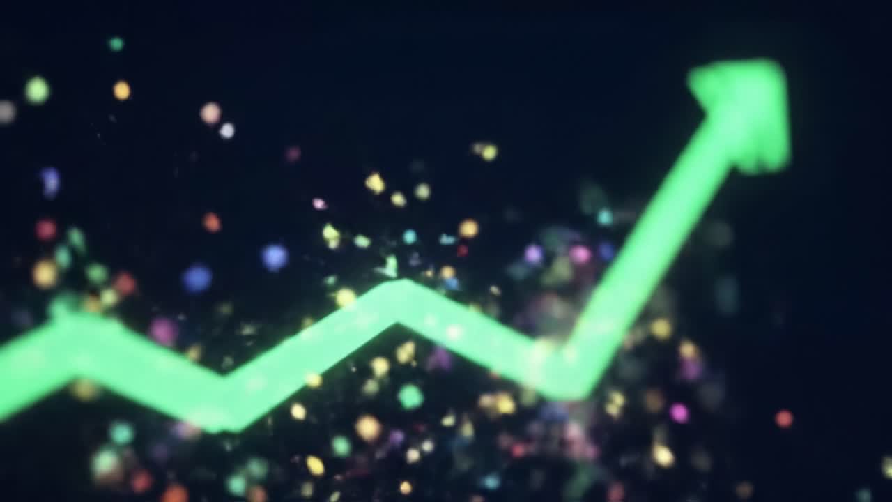 Dynamic Green Trendline Surrounded by Colorful Particles Illustrates Growth and Success in a Visual Representation of Performance Metrics and Data Analysis