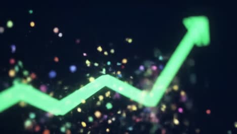 dynamic green trendline surrounded by colorful particles illustrates growth and success in a visual representation of performance metrics and data analysis