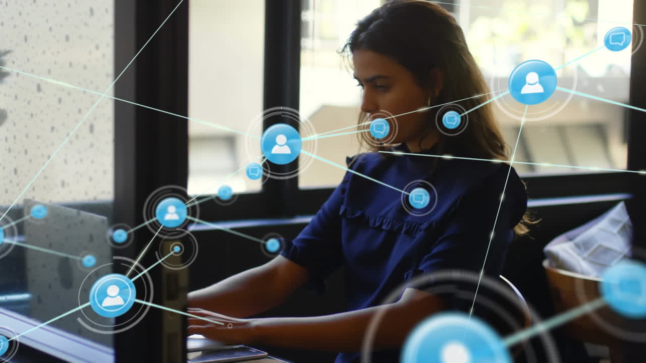 Animation of network of digital icons over woman using laptop