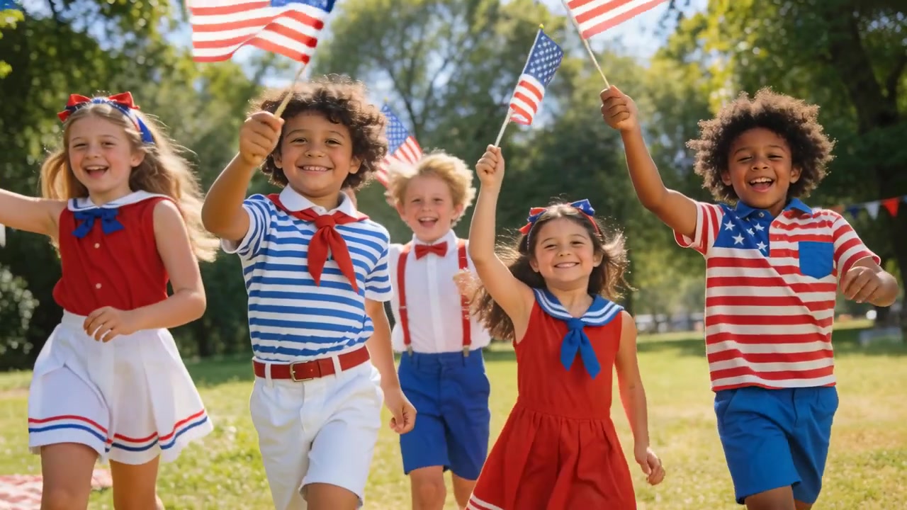 Running five children waving US flags to lens in sunny park, celebrating holiday, in red-white-blue