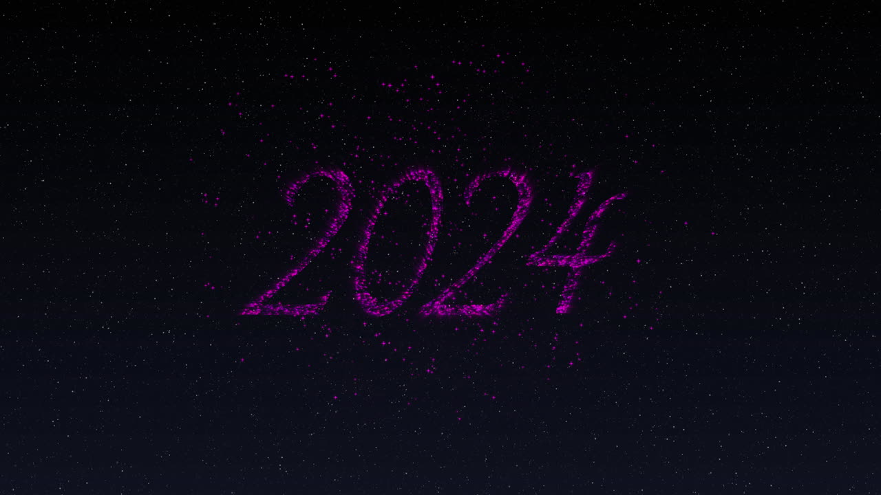 animación de 2024 en letras rosadas brillantes y fuegos artificiales