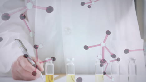 animation of chemical molecules over caucasian male scientist taking sample in lab