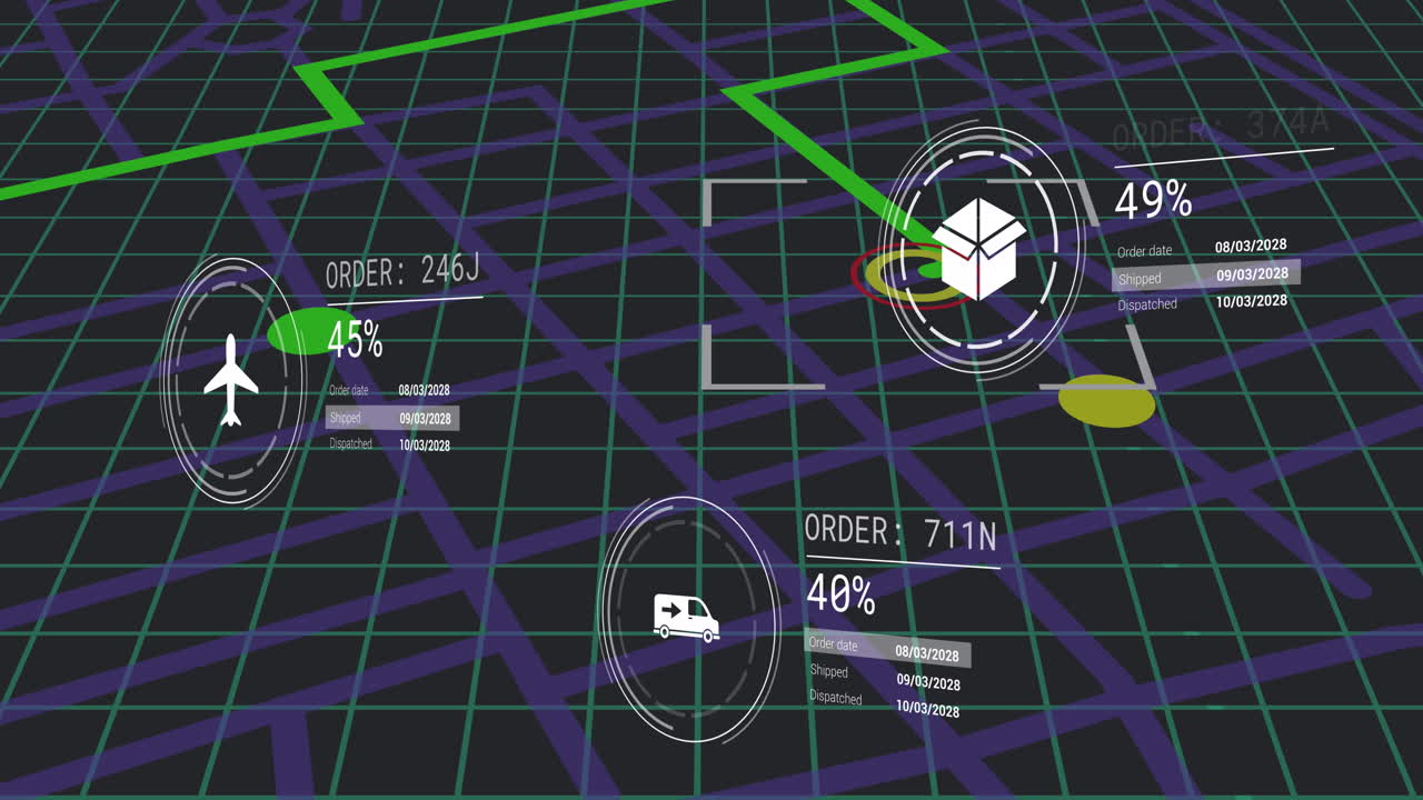 animación de iconos con procesamiento de datos sobre el mapa de la ciudad